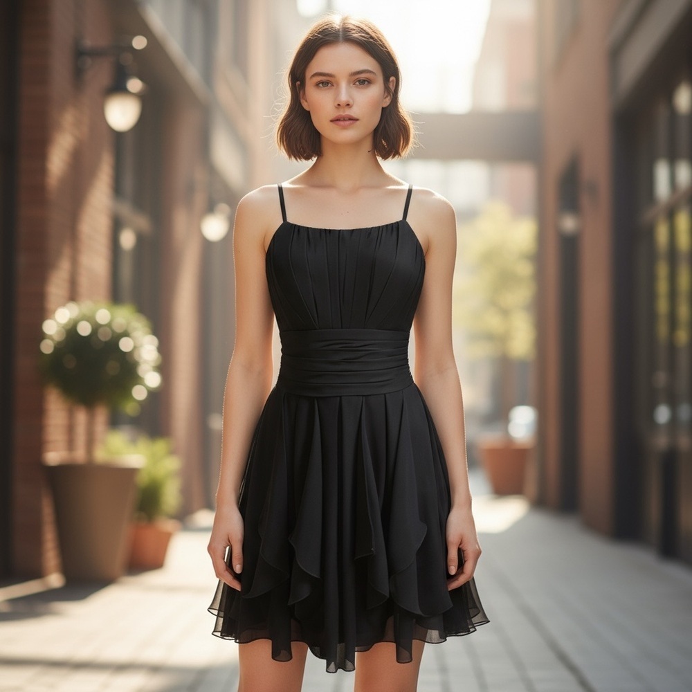David’s Bridal Black Midi Chiffon Dress Bridesmaid Wedding Prom